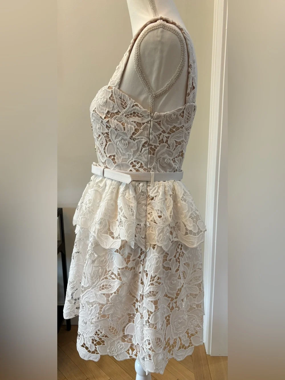 Self-Portrait Lace Dress, Tiered Mini Dress with Belt, Size 4, Bride Wedding